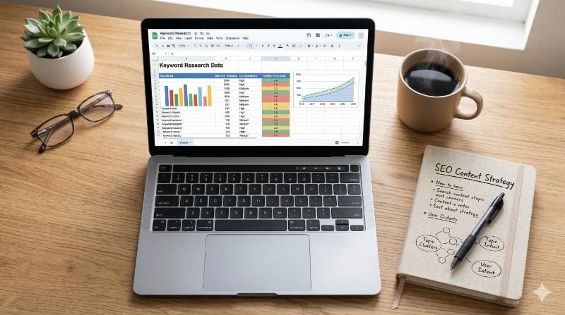 laptop showing a graph of keyword recearch data