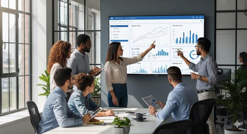 office workers looking at screen showing SEO rankings