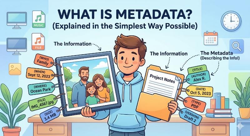 Cartoon picture explaining what metadata is.
